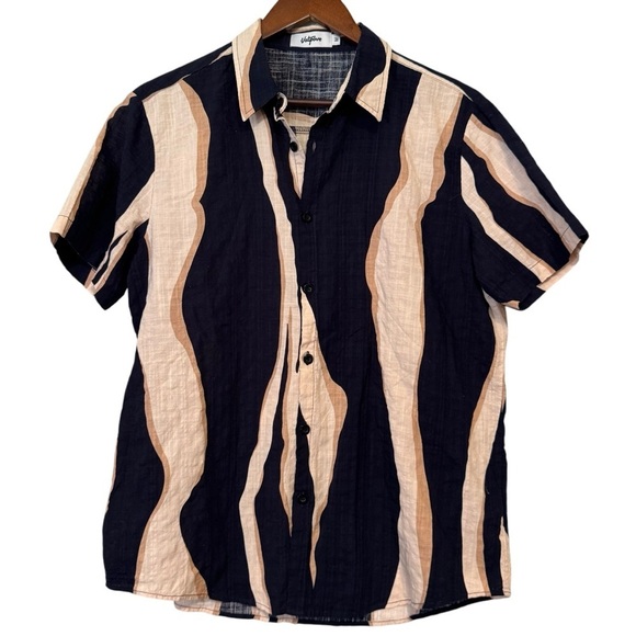 Men's Vatpave Navy Blue and Tan Casual Groovy Short Sleeve Button Down Shirt - Picture 1 of 8